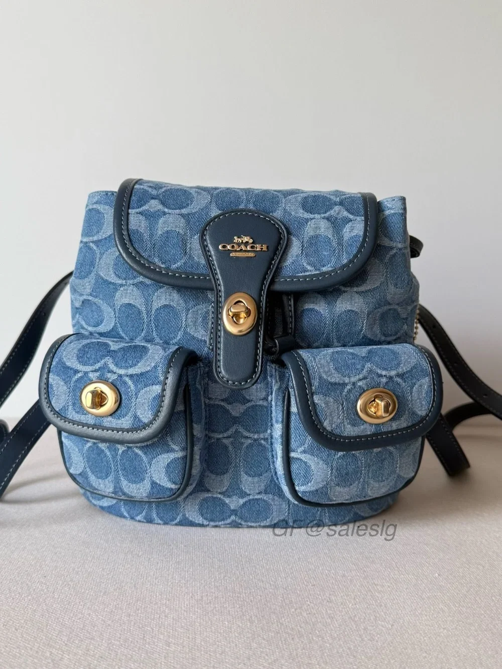 NWT Coach Hadley Backpack Signature Denim Blue Leather Gold Turnlock CDB95